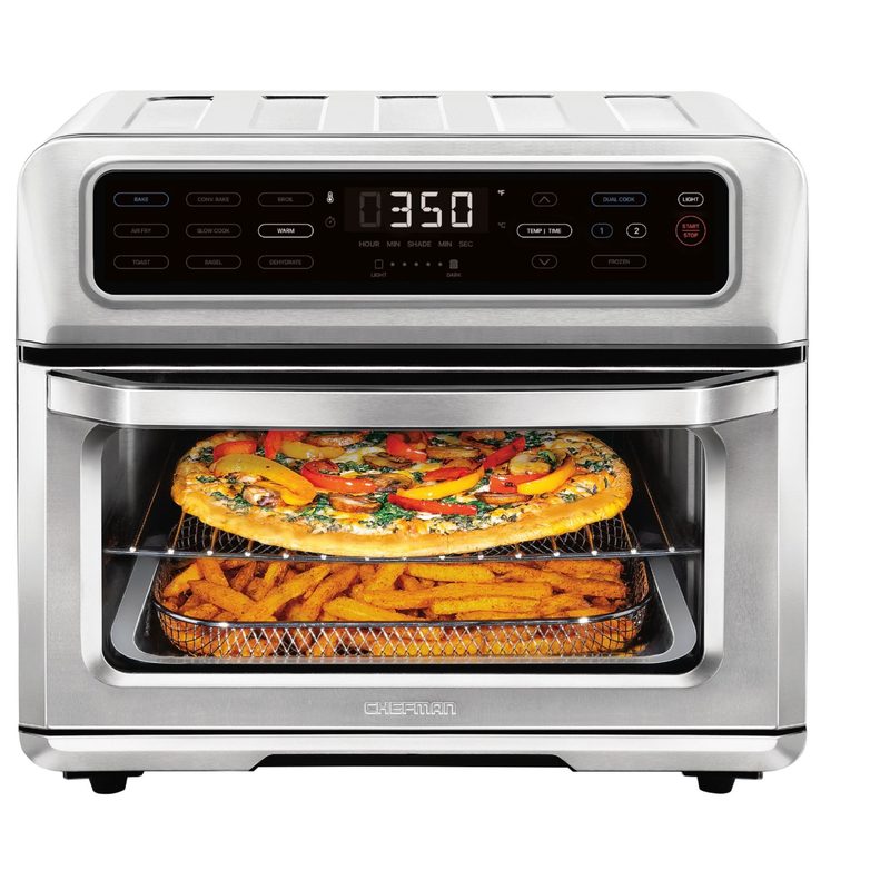 Chefman Toast-Air Dual-Function 20L Air Fryer full of cooking food on white background.
