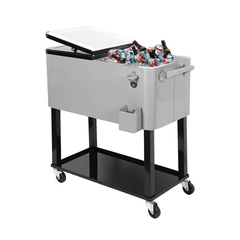 The Clevr Rolling Party Cooler containing bottles and cans of beverages on white background.