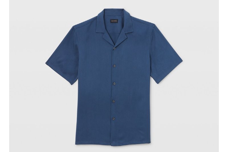 A blue men's camp collar shirt.