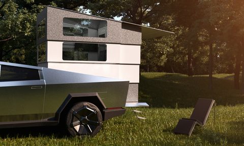 A mockup of the Tesla Cybertruck with CyberLandr extended.