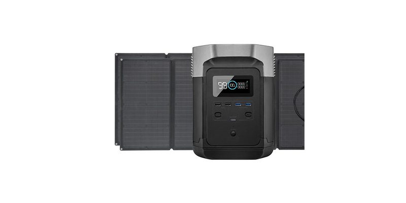 EcoFlow Delta + 160W Solar Panel on a white background.