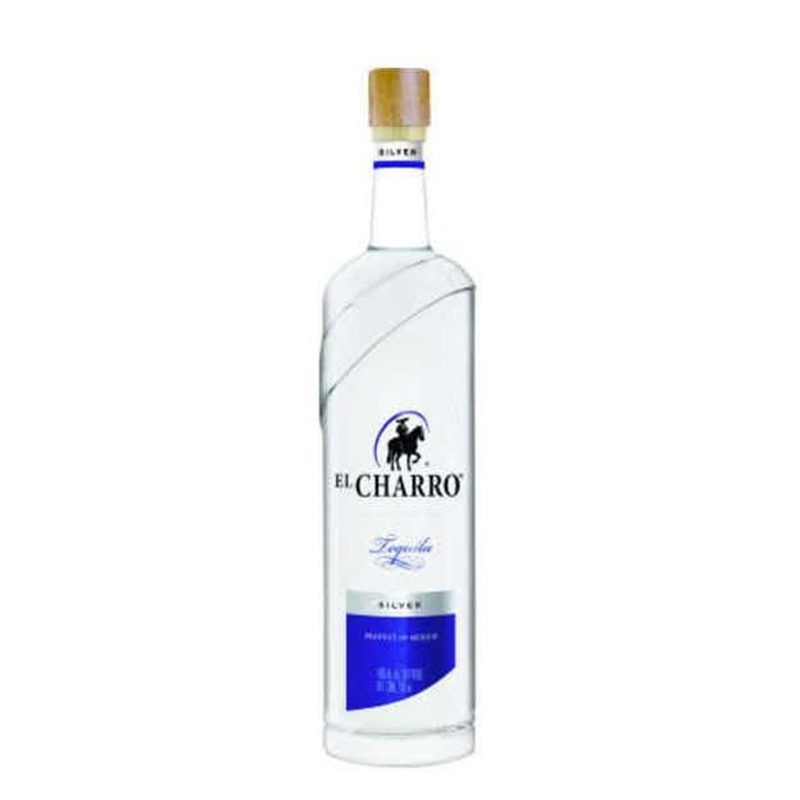El Charro Tequila silver bottle on white background.