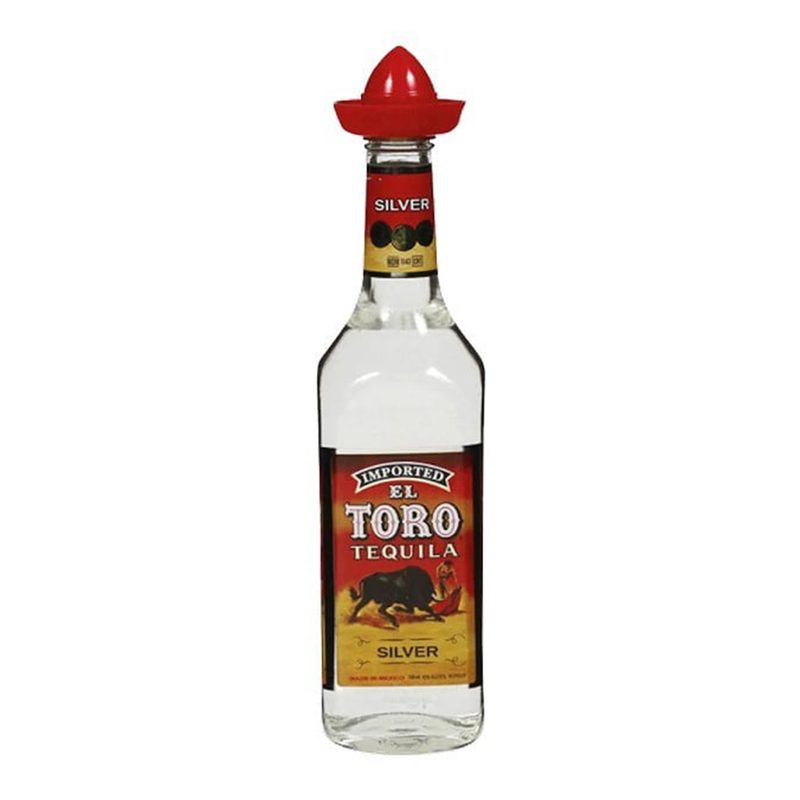 El Toro Tequila silver bottle on white background.