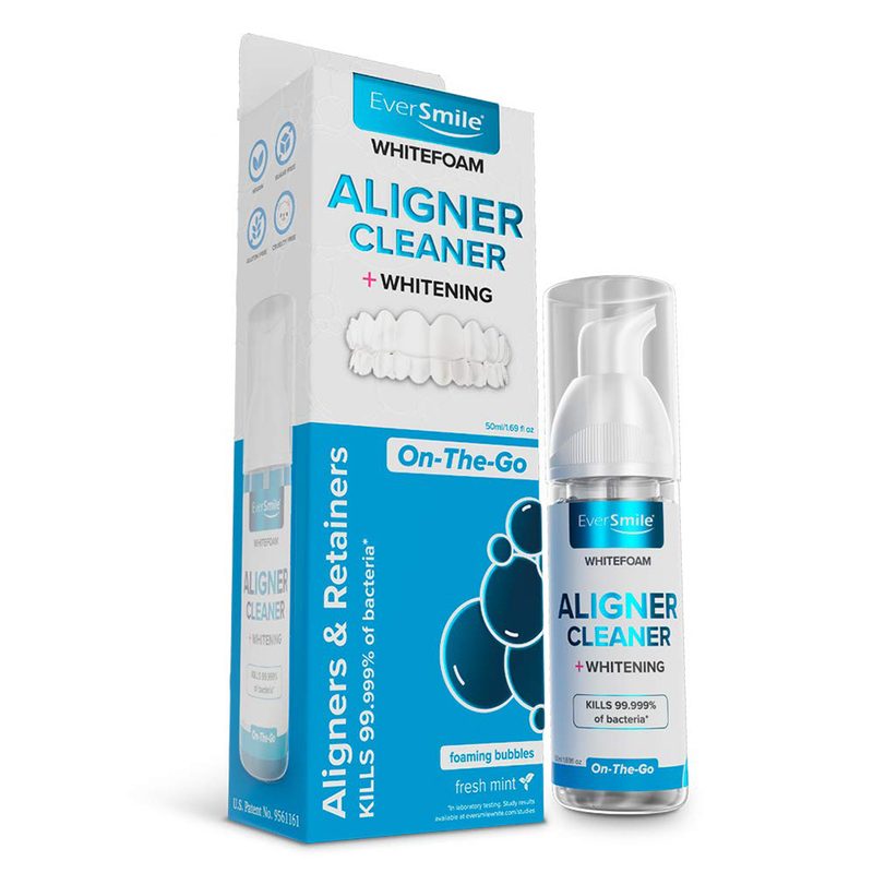 Eversmile WhiteFoam Retainer Cleaner whitening product outside of box on white background.