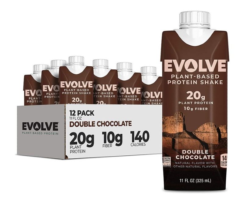 A 12-pack of Evolve Double Chocolate Protein Shakes that has 20 grams of plant-based protein per serving.