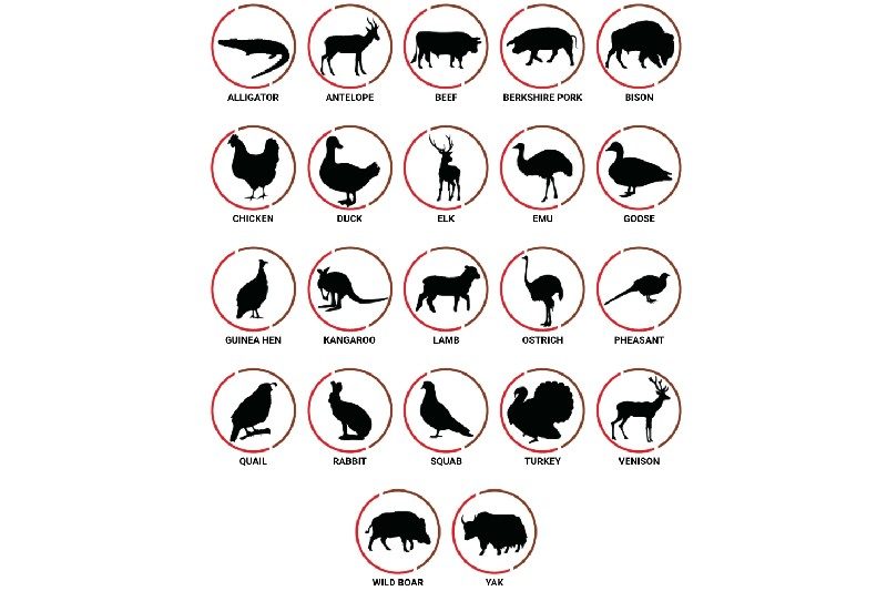 Fossil Farms meat menu featuring different types of animals.