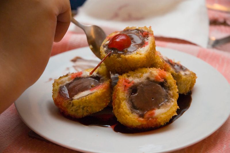 Fried ice cream balls with chocolate ice cream.