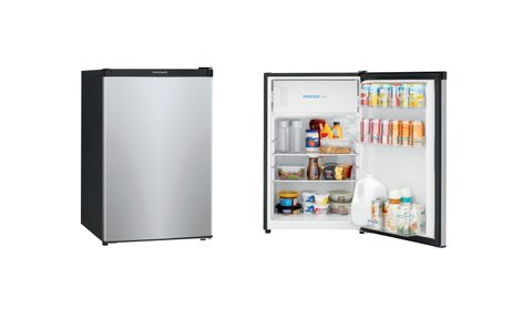 Frigidaire 4.5 cu ft mini fridge front view and open with food samples.