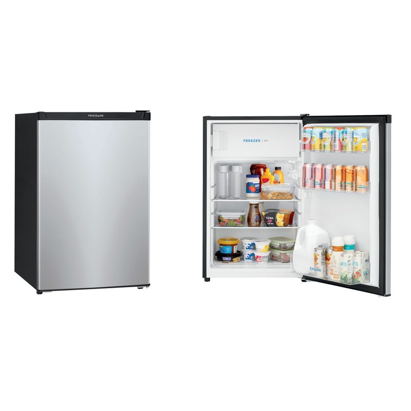 Frigidaire 4.5 cu ft mini fridge front view and open with food samples.