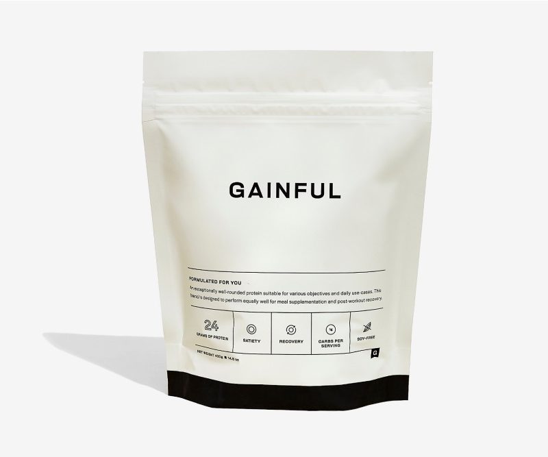 Gainful is customizable protein powder that is specially made for you sealed in a white packet.