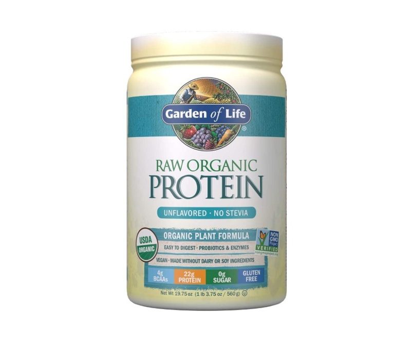 This Garden of Life Raw Organic Vegan Protein Powder Shake mix is unflavored and good for 20 servings.
