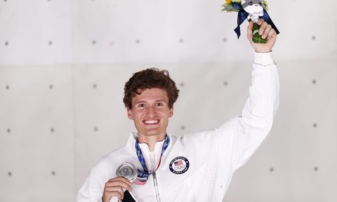 Nathaniel Coleman of Team United States of America poses with the silver medal for Sport Climbing Men's Combined after the Sport Climbing Men's Combined Final on day thirteen of the Tokyo 2020 Olympic Games at Aomi Urban Sports Park on August 05, 2021 in Tokyo, Japan.