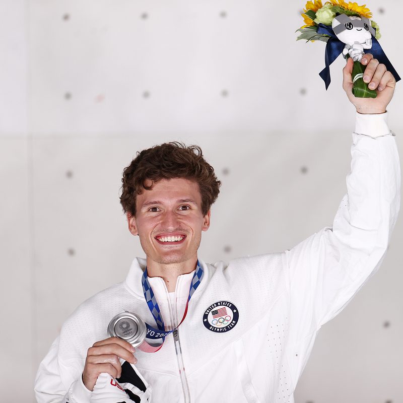 Nathaniel Coleman of Team United States of America poses with the silver medal for Sport Climbing Men's Combined after the Sport Climbing Men's Combined Final on day thirteen of the Tokyo 2020 Olympic Games at Aomi Urban Sports Park on August 05, 2021 in Tokyo, Japan.