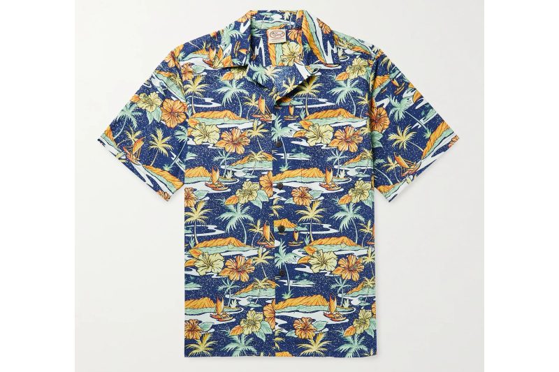 A navy vintage-print Hawaiian shirt.
