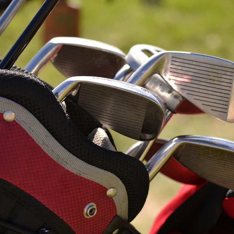 Golf clubs in a bag.
