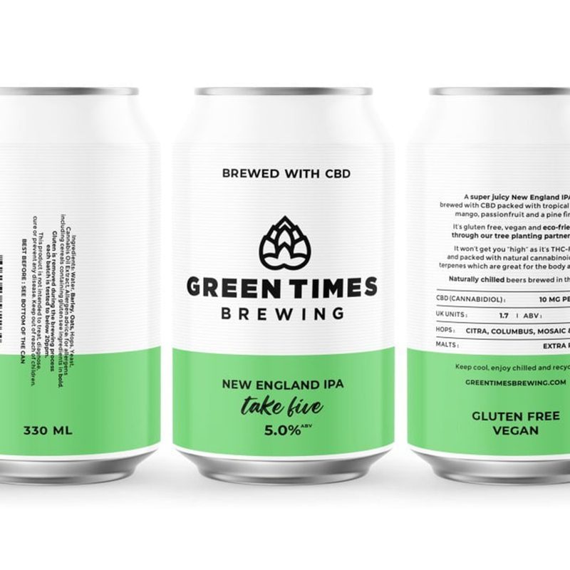 Cans of Green Times Brewing CBD IPA beer on white background.