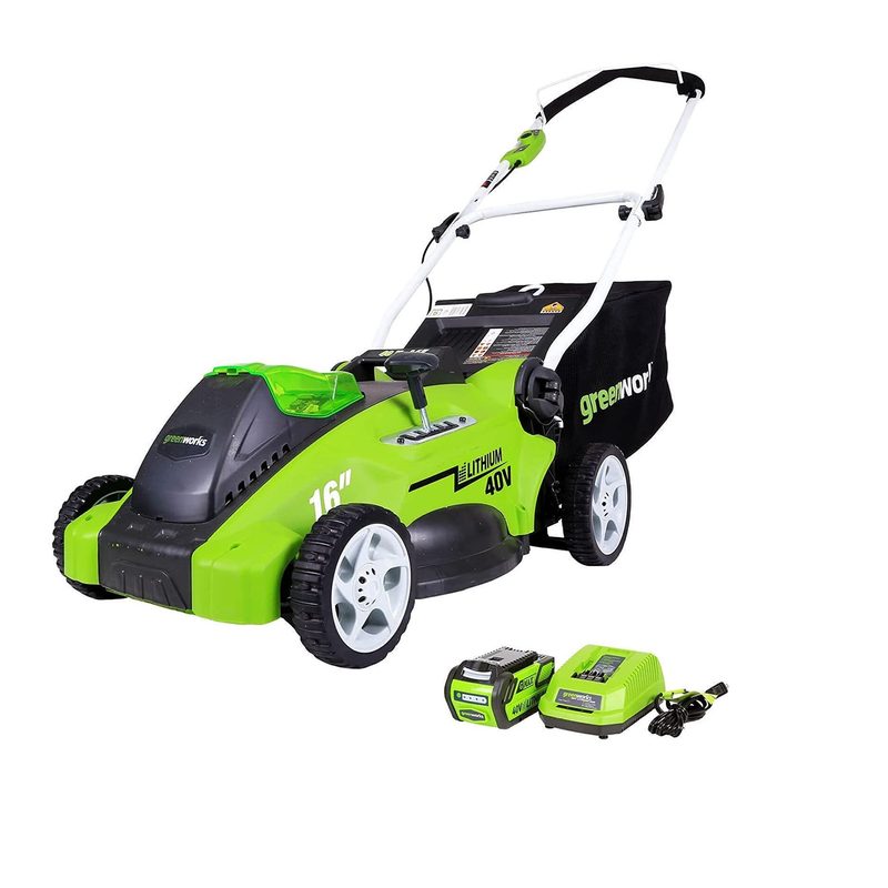 Greenworks 40V Push Start Electric Lawn Mower with Accessories on white background.