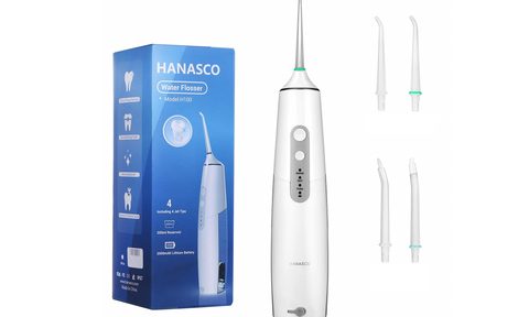 Hanasco cordless water flosser with jet tip attachements visible.