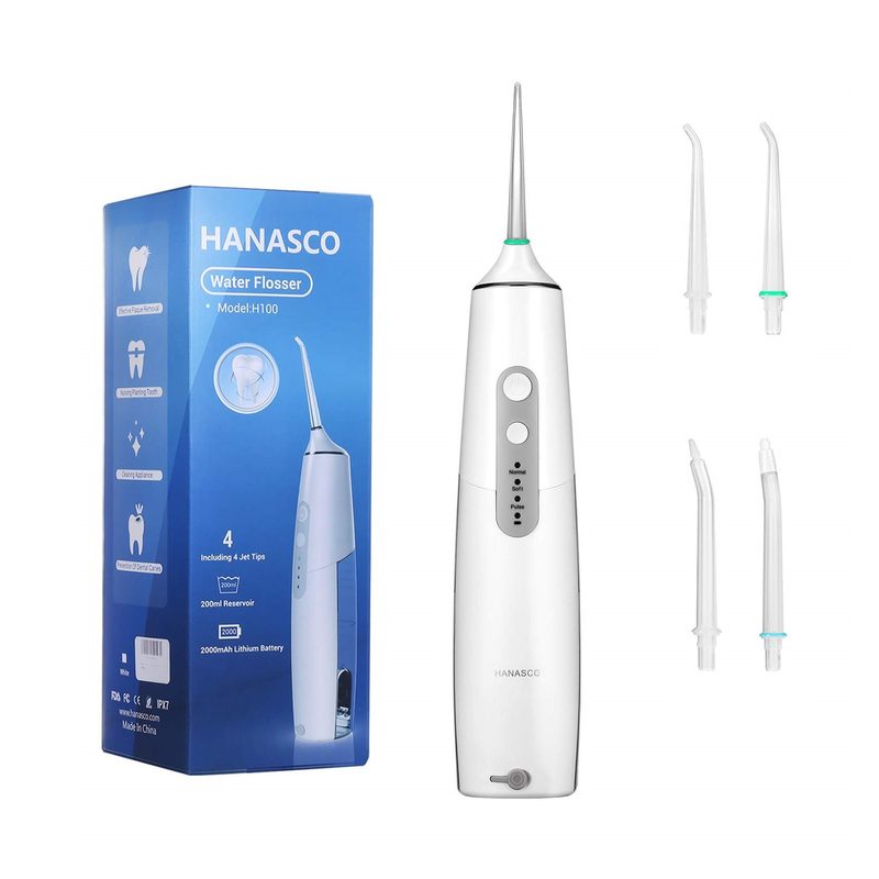 Hanasco cordless water flosser with jet tip attachements visible.