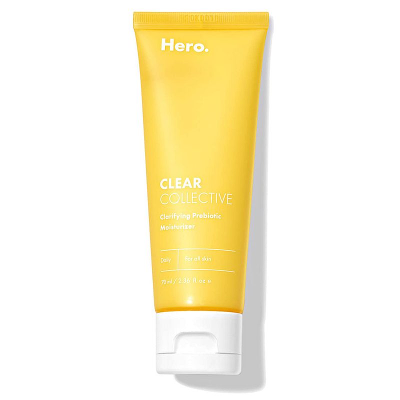 A bottle of Hero Clarifying Moisturizer on white background