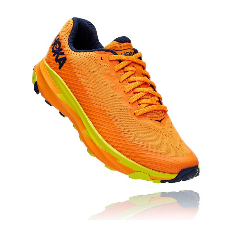 A Hoka One Torrent 2 in bright marigold/evening primrose variant.