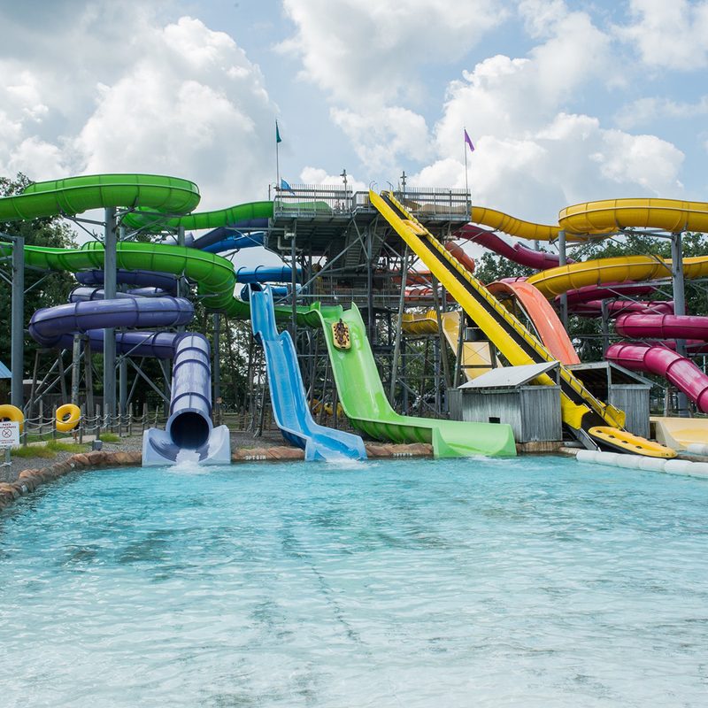 Colorful slides at the Hurricane Harbor New Jersey.