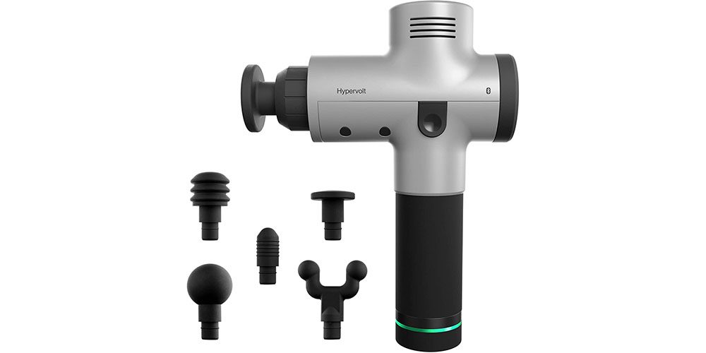 Hyperice Hypervolt Handheld Percussion Massage Gun on a white background and depicting its accessories.