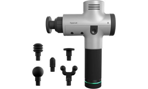 Hyperice Hypervolt Handheld Percussion Massage Gun on a white background and depicting its accessories.