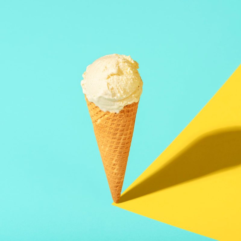 Ice cream in a waffle cone with vanilla.