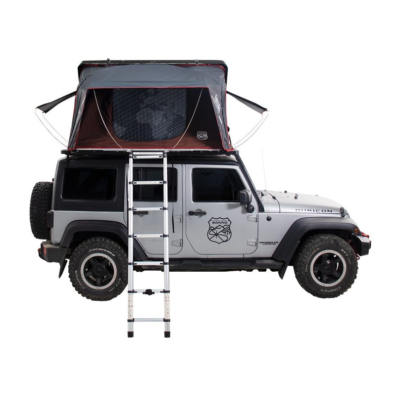 A ladder leading to the iKamper SkyCamp 2.0 propped on top of a vehicle.
