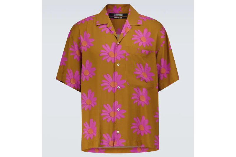 An orange and pink floral-print Hawaiian shirt.