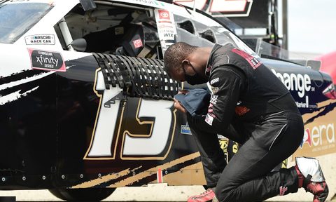 NASCAR Xfinity Series racer Jesse Iwuji Takes a Moment for Prayer Before an Aug. 2020 Race