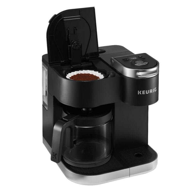 Keurig K-Duo 12-Cup Maker side view with coffee grounds.