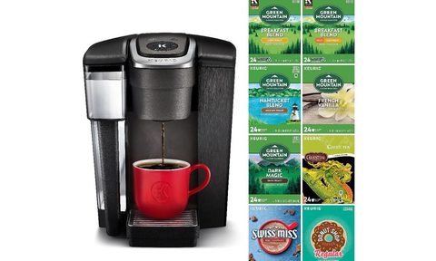 Keurig K1500 K-Cup Coffee Maker with K-Cup bundles together on white background.