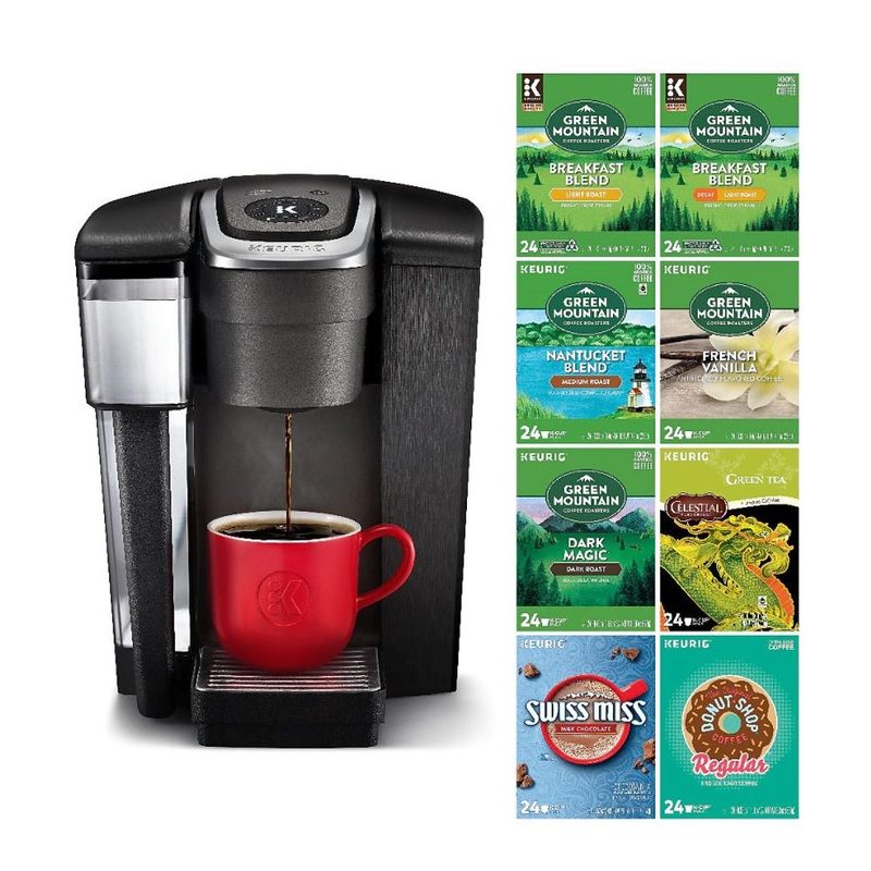 Keurig K1500 K-Cup Coffee Maker with K-Cup bundles together on white background.