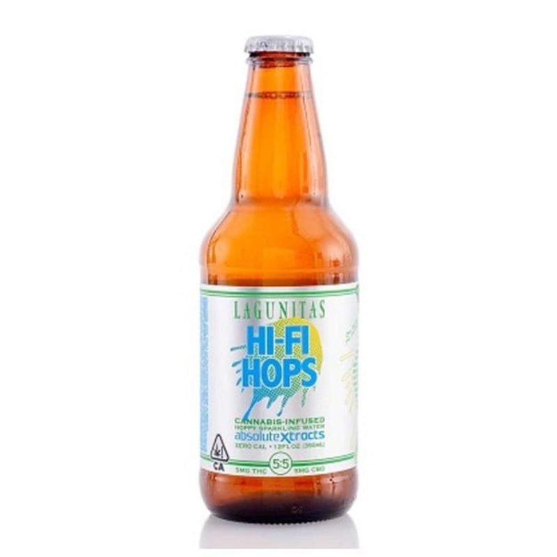 Lagunitas Hi-Fi Hops bottle beer on white background.