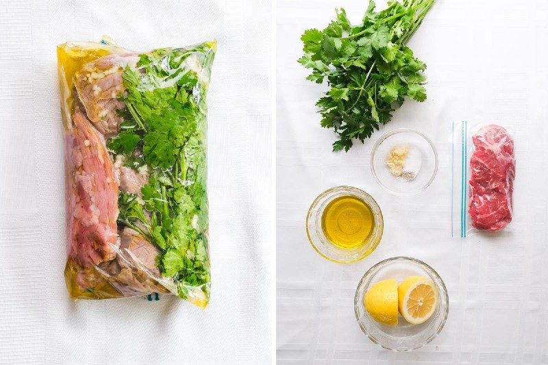 Lemon and herb marinade ingredients and a bag of meat