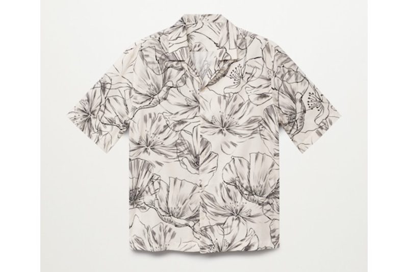 A white floral-print Hawaiian shirt from Mango.
