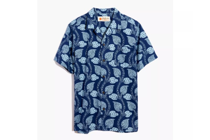 A light and dark blue paisley-print Hawaiian shirt.