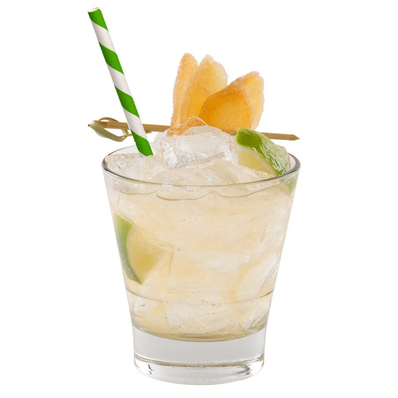 Moscow mule drink with ginger candy and lime and straw on white background