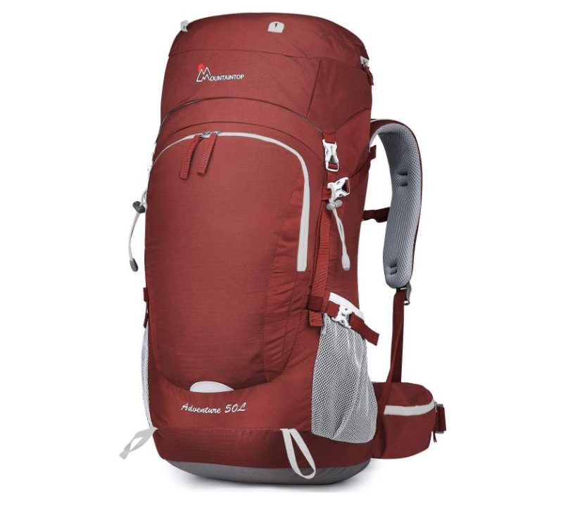 mountaintop 50 liter pack in red and white.