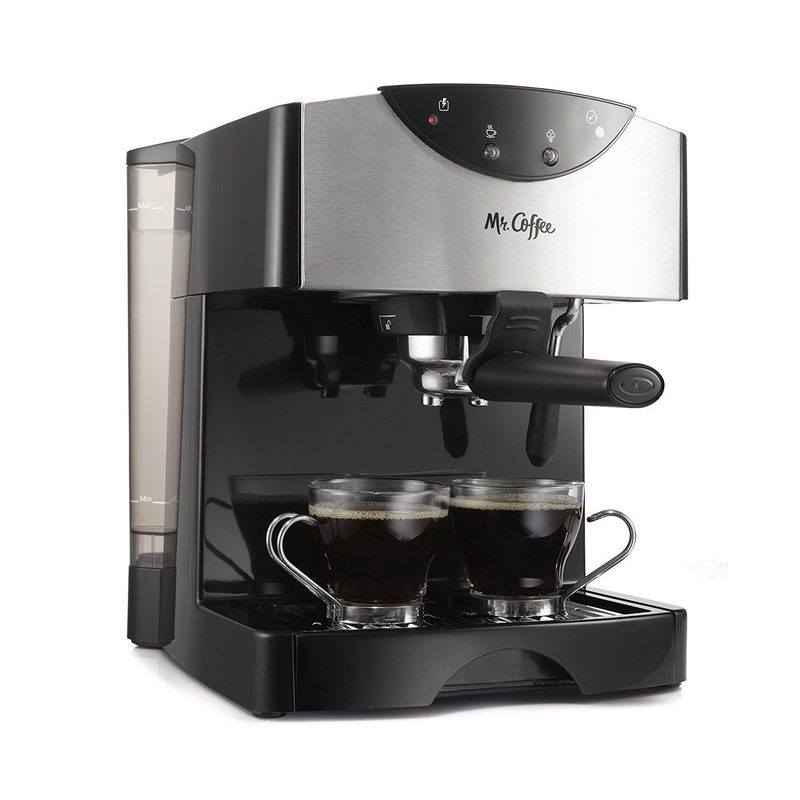 Mr. Coffee 2-Shot Pump Espresso and Cappuccino Maker stainless with glass mugs.
