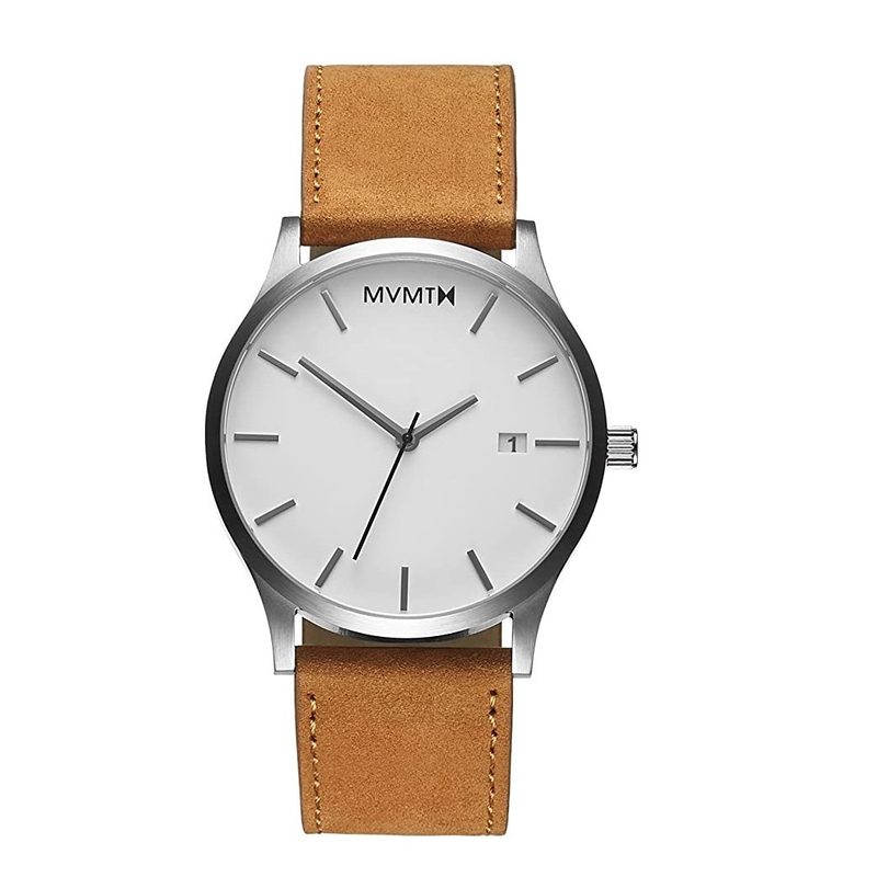 The MVMT Classic Men's Watch is a 45mm minimalist watch with a nude leather strap and sleek accents.