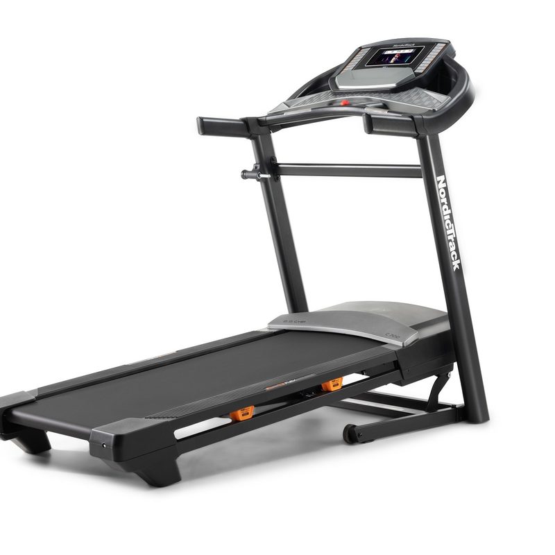 NordicTrack C700 Folding Treadmill with 7-inch touchscreen display on white background.