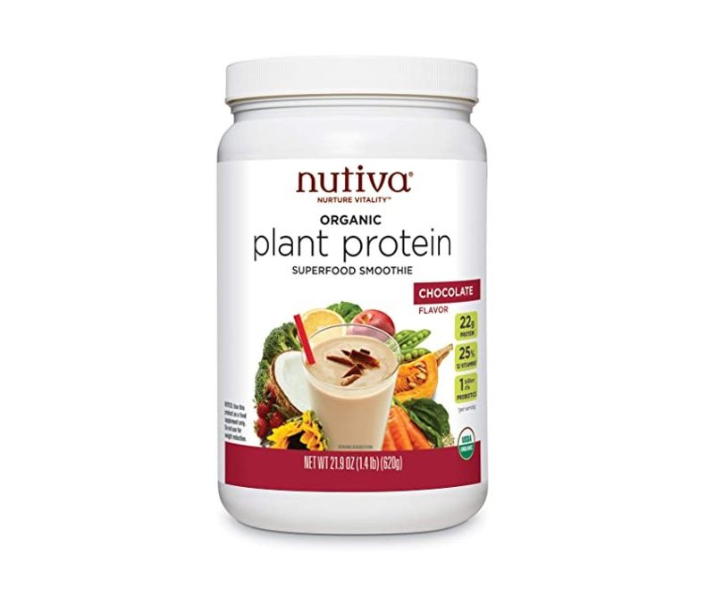 A 1.4 pound vegan and gluten-free Nutiva Organic Plant Protein Superfood Smoothie in Chocolate flavor.
