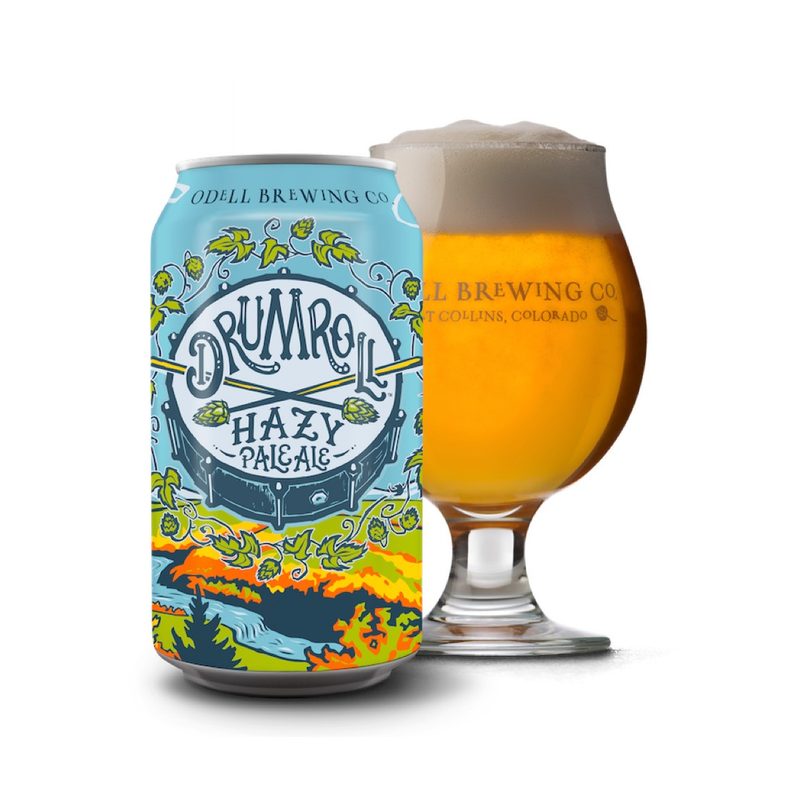 Odell Brewing Drumroll Hazy Pale can and glass.