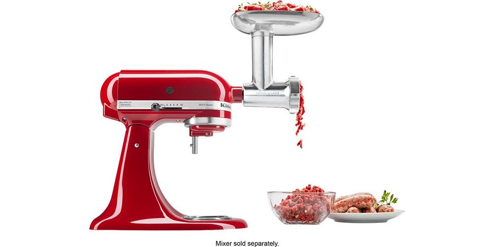 KitchenAid Pro 5 Plus Stand Mixer with Metal Food Grinder attachment on white background.