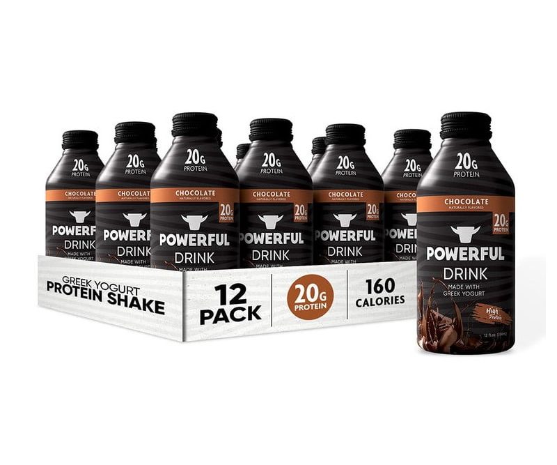A 12-pack of chocolate-flavored Powerful Foods Greek Yogurt Protein Drinks that has 160 calories per serving.
