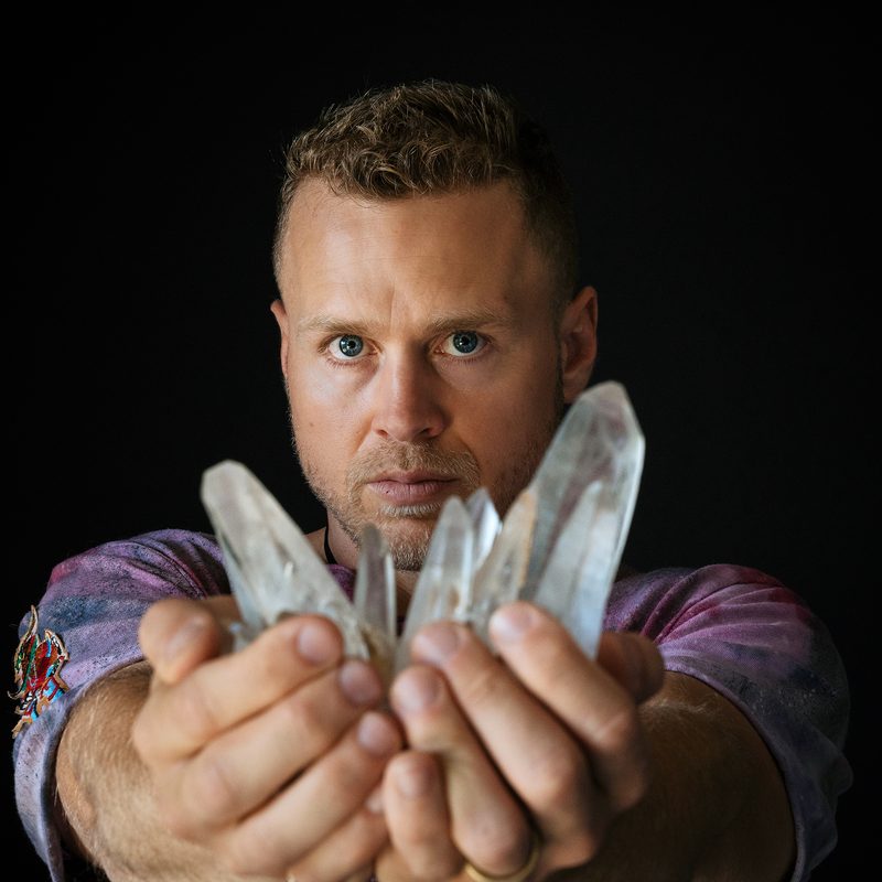 Spencer Pratt holds a lemurian quartz crystal from his collection at his home in the Pacific Palisades neighborhood of Los Angeles, California on Friday, June 22, 2018.