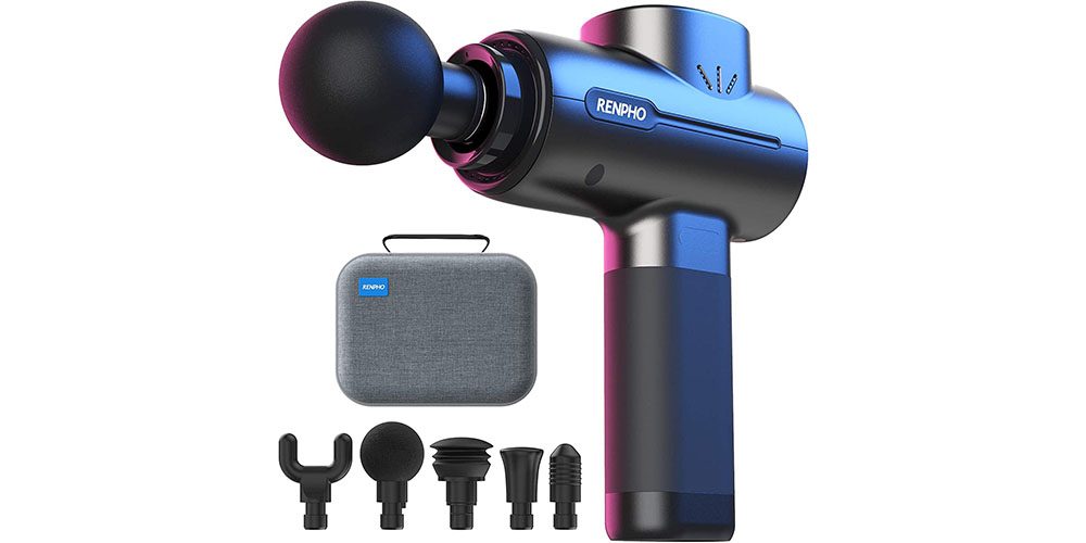 Renpho Powerful Portable Massage Gun on a white background and depicting its accessories.